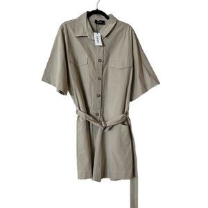 NWT CIDER Light Khaki Tan Tie Waist Collar 100% Cotton Shorts Jumpsuit Romper M